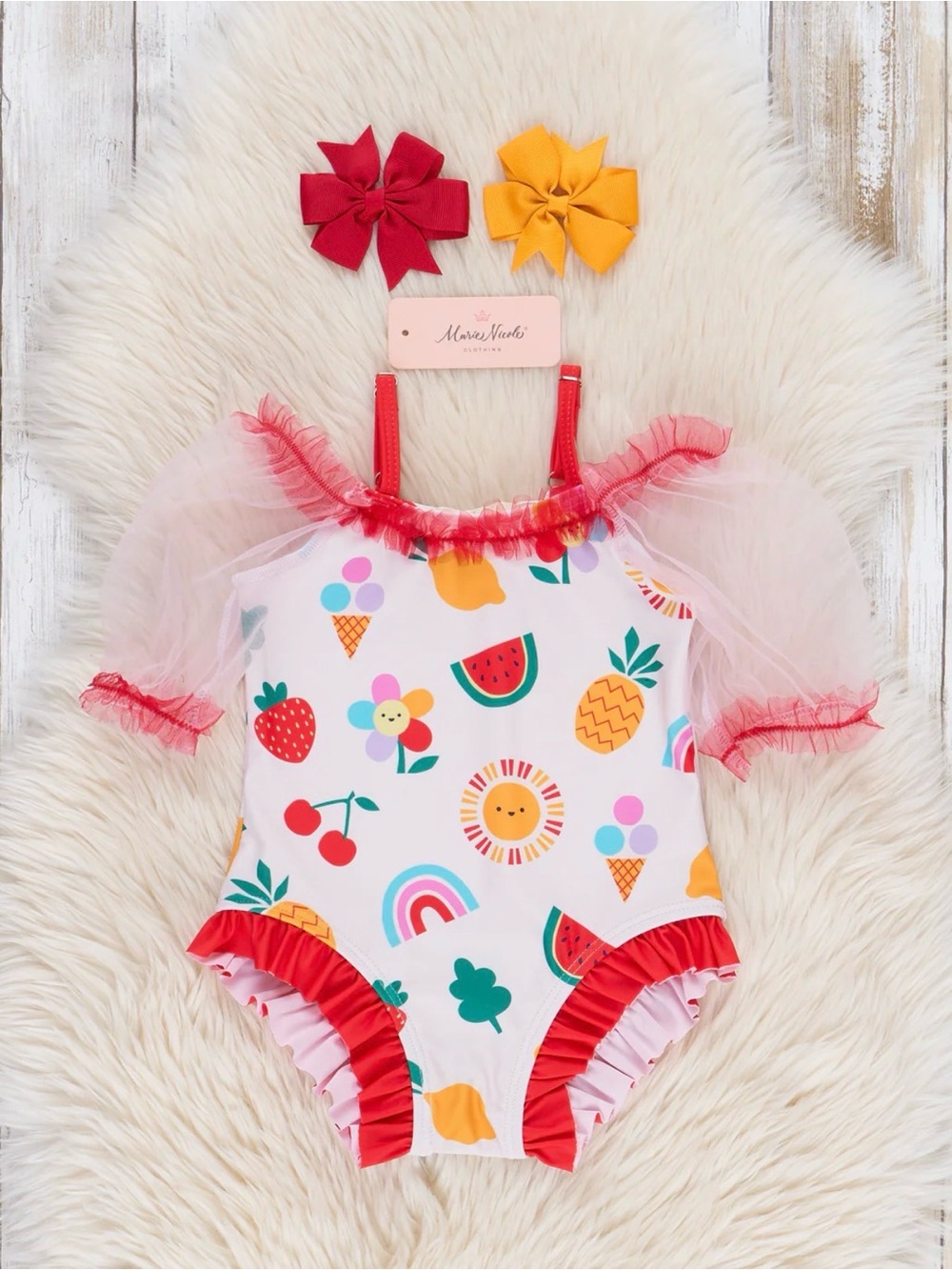 Marie Nicole Fruit & Rainbow Ruffle One-Piece Swimsuit with Puff Sleeves